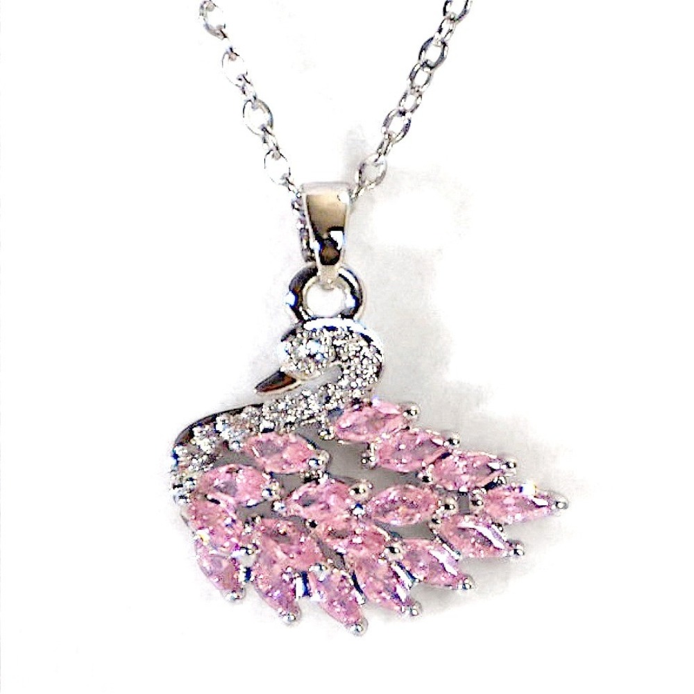 Swarovski Crystal Pink Swan Pendant Necklace Silver Plated Adjustable New NWT